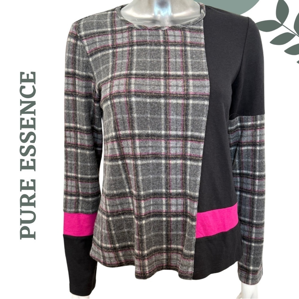 Mixed Media Tunic in Grey Black & Pink | Pure Essence | Plaid Colorblock Size XS